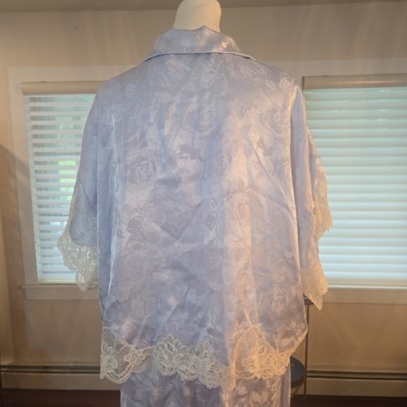 VTG Christian Dior Floral Lace Bow Satin Negligee Pajama Set Light Blue Large - Picture 8 of 15